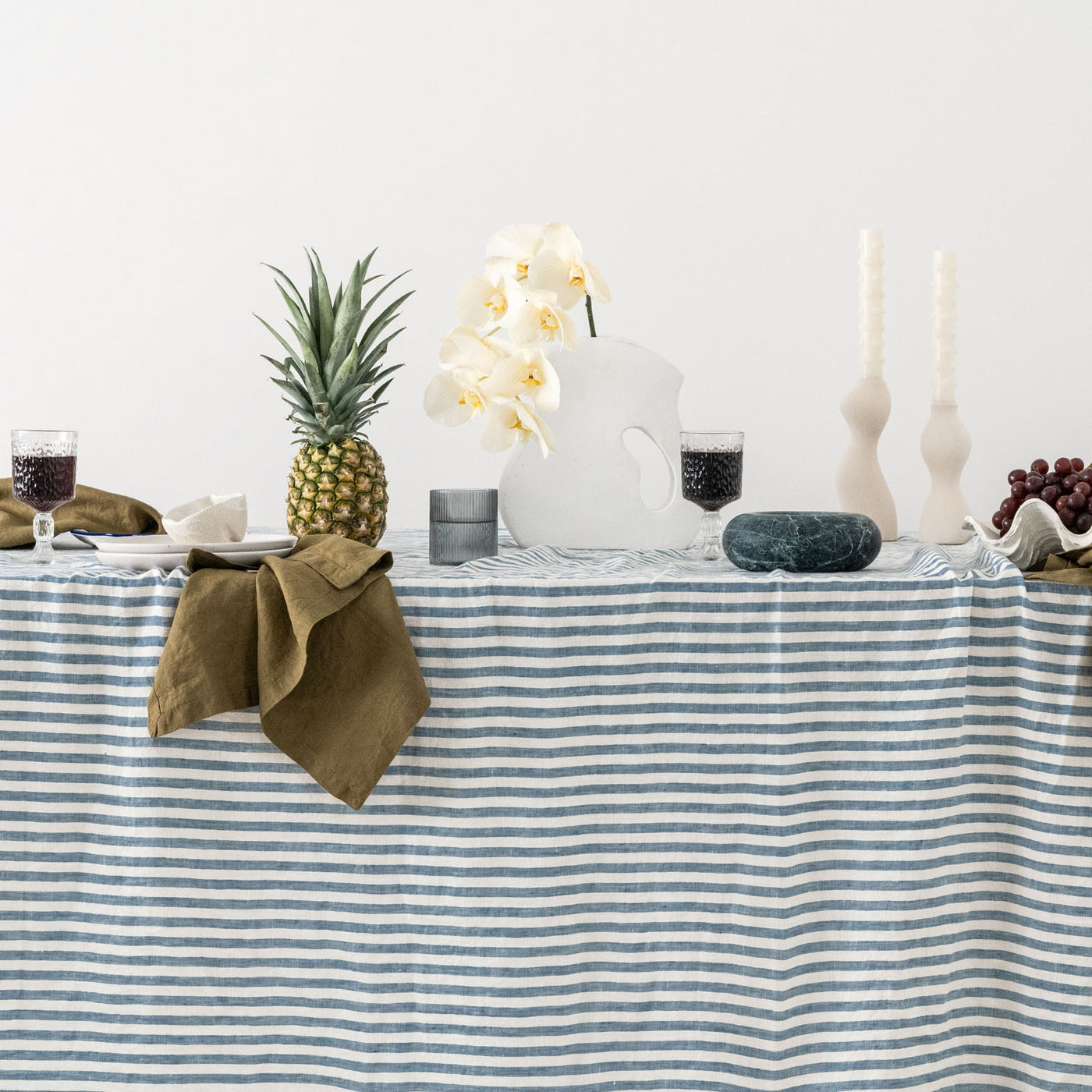 French Flax Linen Table Cloth in Marine Blue Stripe