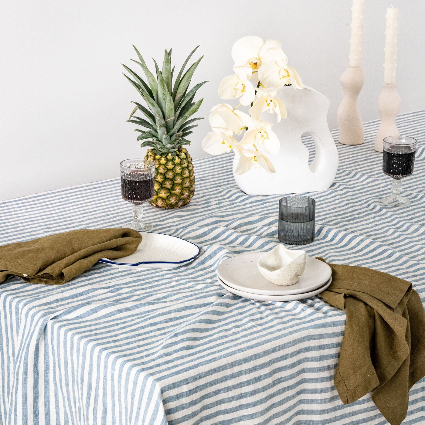 French Flax Linen Table Cloth in Marine Blue Stripe