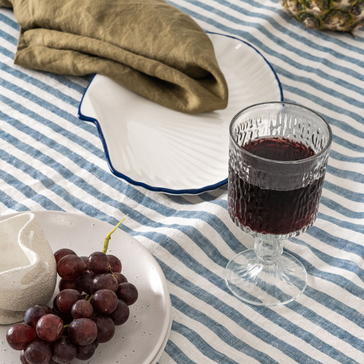 French Flax Linen Table Cloth in Marine Blue Stripe