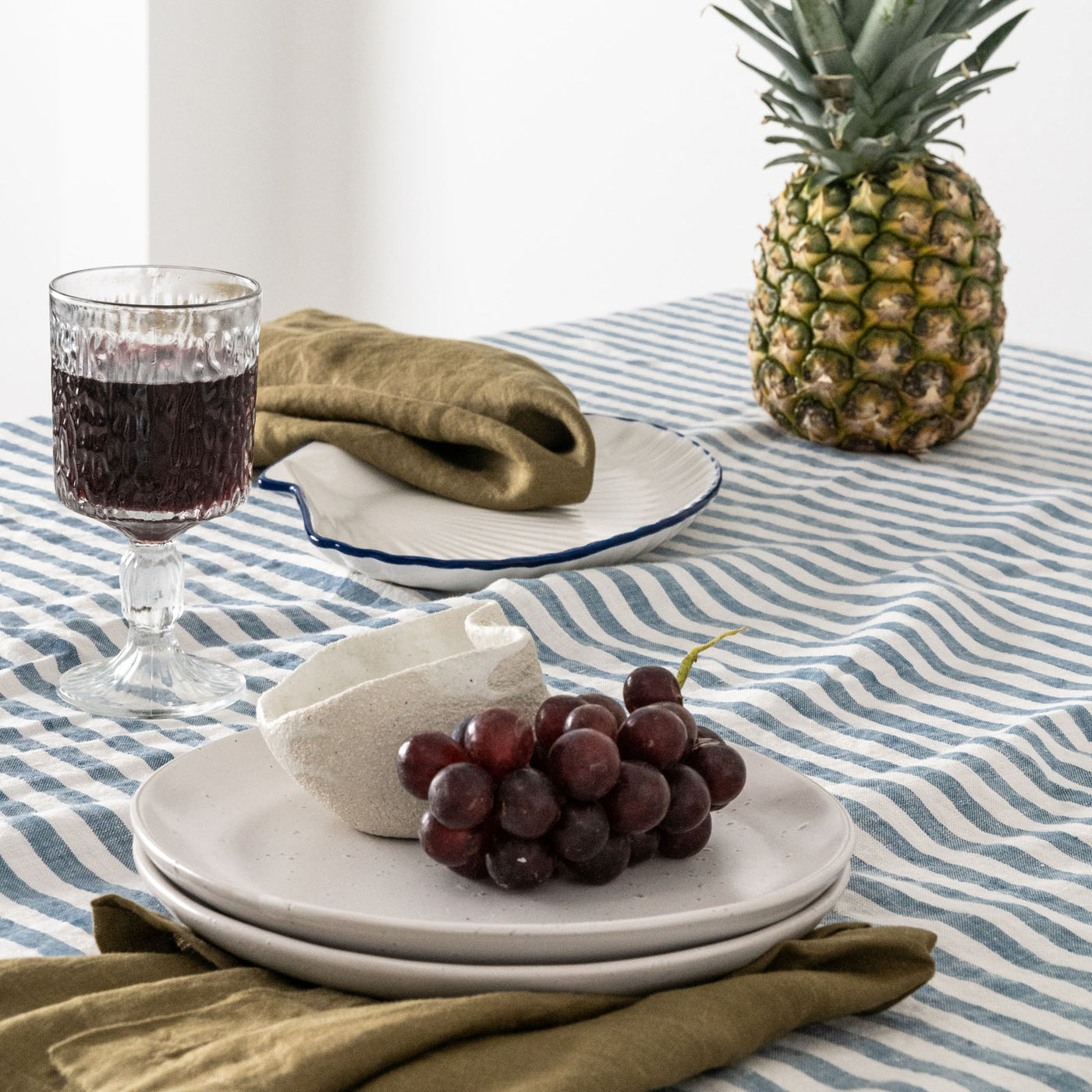 French Flax Linen Table Cloth in Marine Blue Stripe