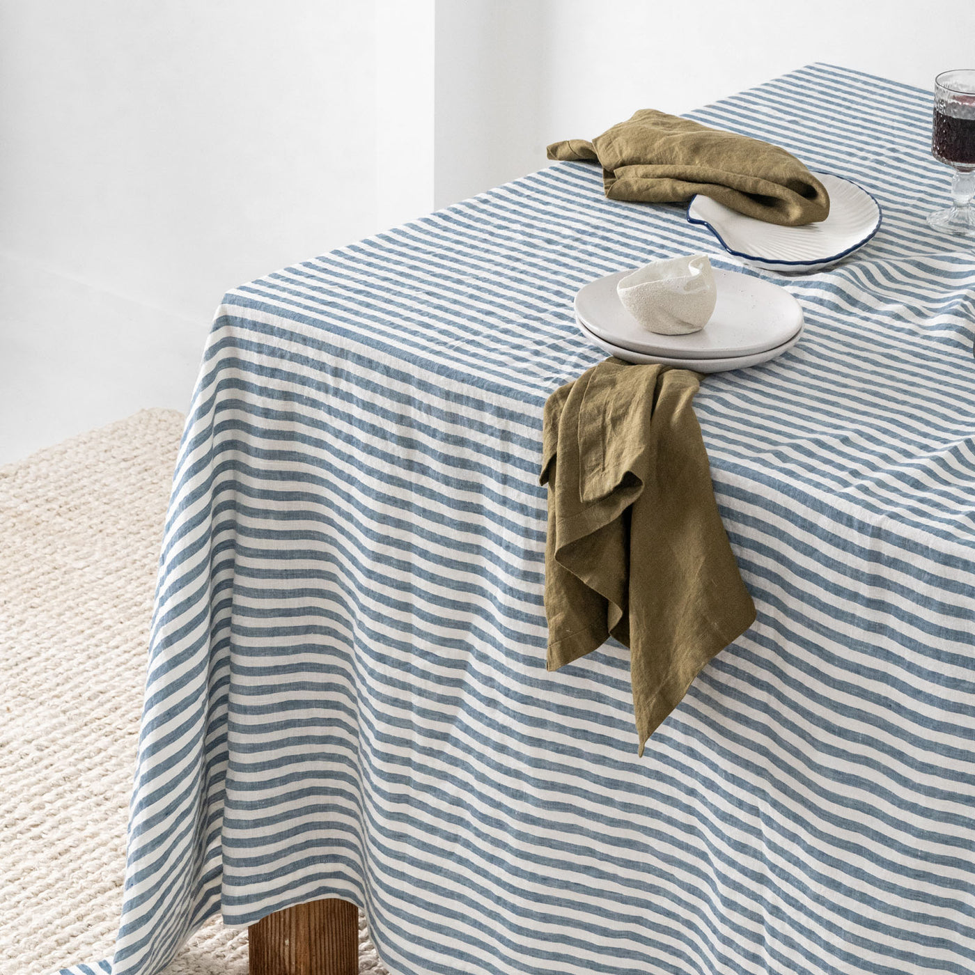 French Flax Linen Table Cloth in Marine Blue Stripe