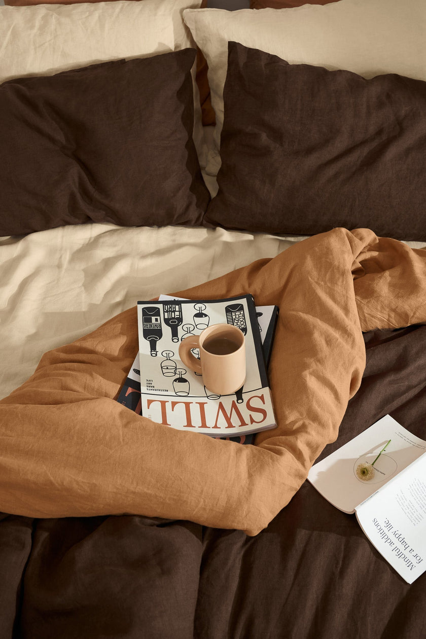 Chocolate, Creme, and Sandalwood linen sheets