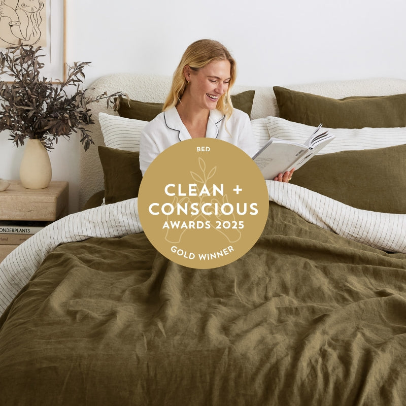 i love linen bedding with a clean and conscious badge