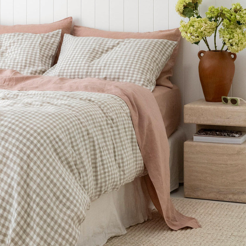 Clay and beige gingham linen sheets