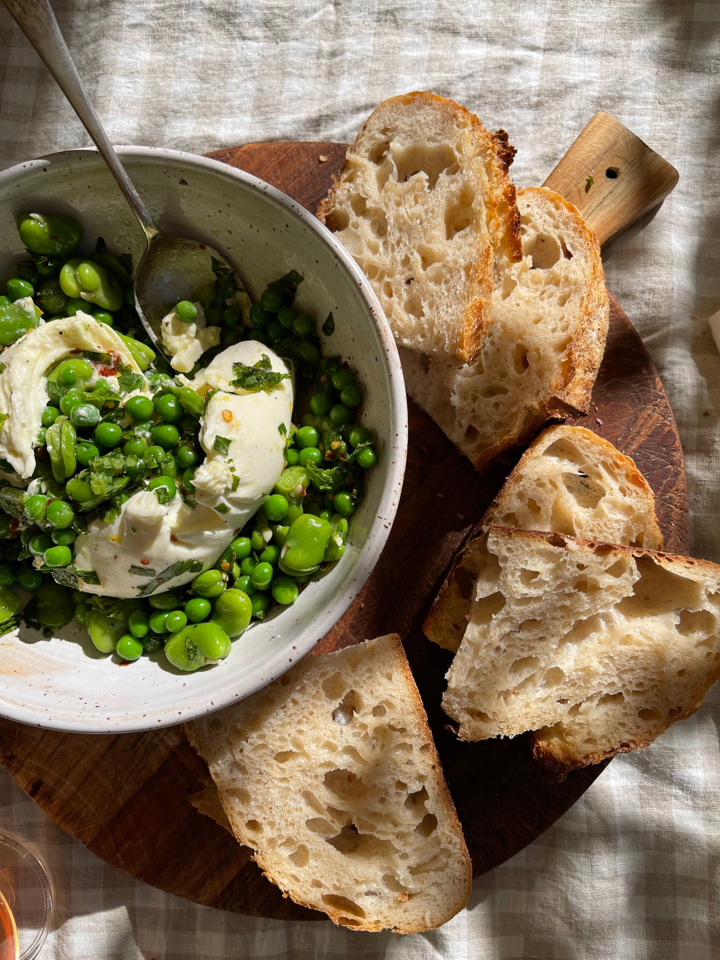 Spring on a Plate: Burrata with Broad Beans, Peas, Mint, Chilli and Lemon