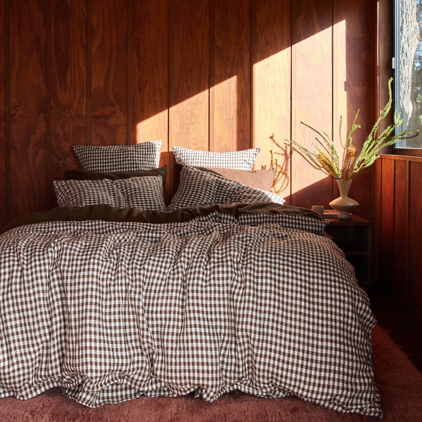 French Flax Linen Double Sided Quilt Cover SET in Chocolate/Chocolate Gingham