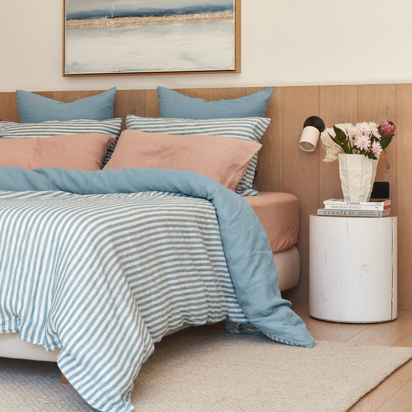 French Flax Linen Double Sided Quilt Cover Set in Marine Blue/Marine Blue Stripe