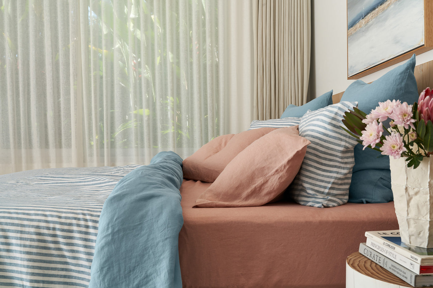 French Flax Linen Flat Sheet in Marine Blue