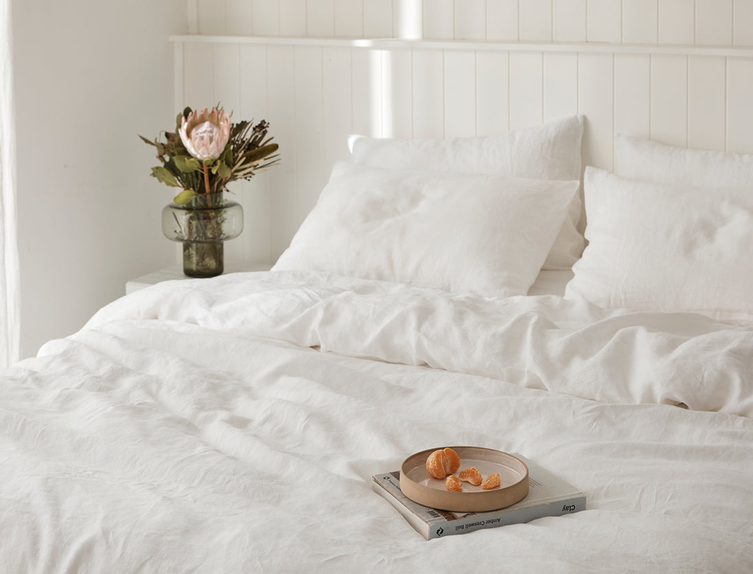 French Linen Quilt Cover in White or a Pinstripe Table Cloth.