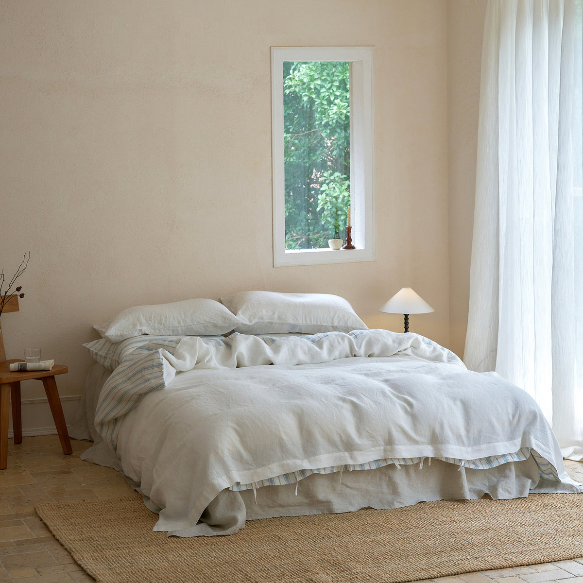 French Flax Linen Reversible Quilt Cover in Antique Blue Stripe/White