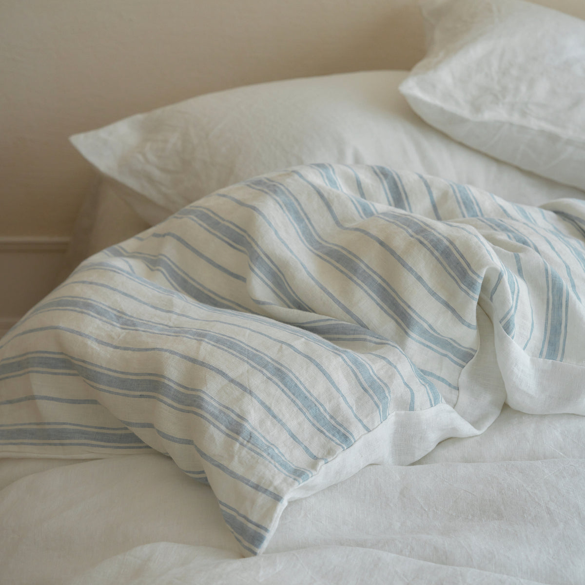 French Flax Linen Reversible Quilt Cover in Antique Blue Stripe/White