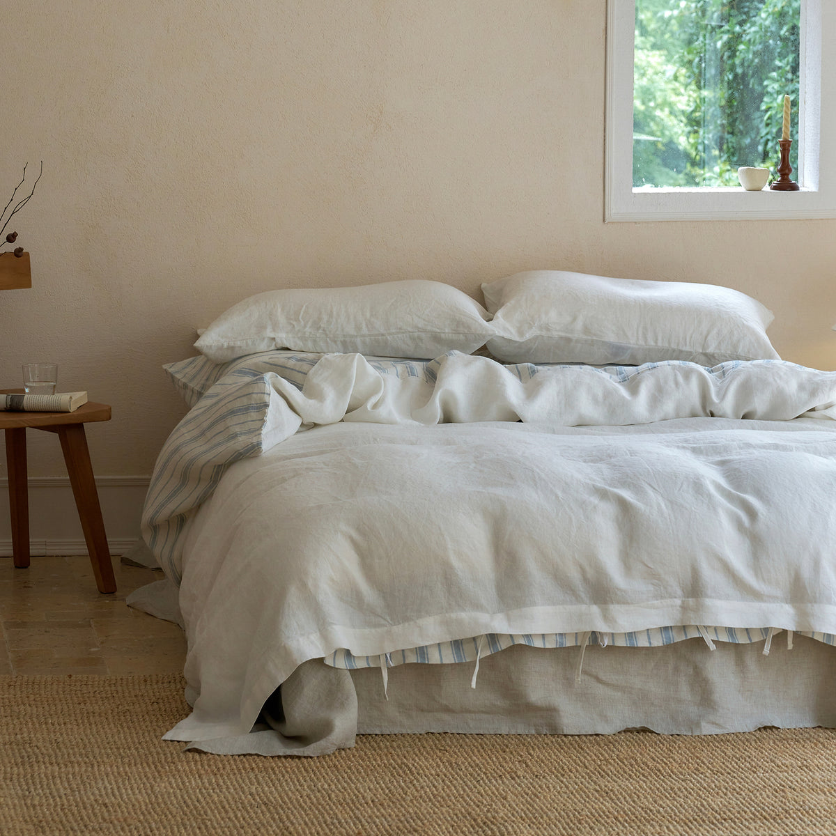 French Flax Linen Reversible Quilt Cover in Antique Blue Stripe/White