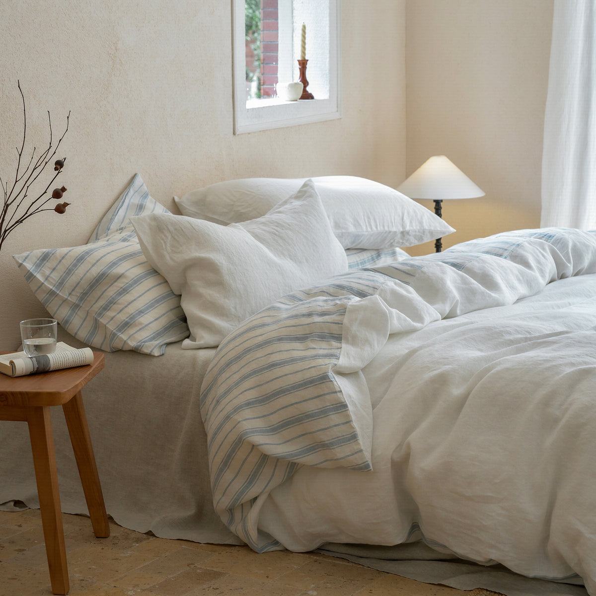 French Flax Linen Reversible Quilt Cover in Antique Blue Stripe/White