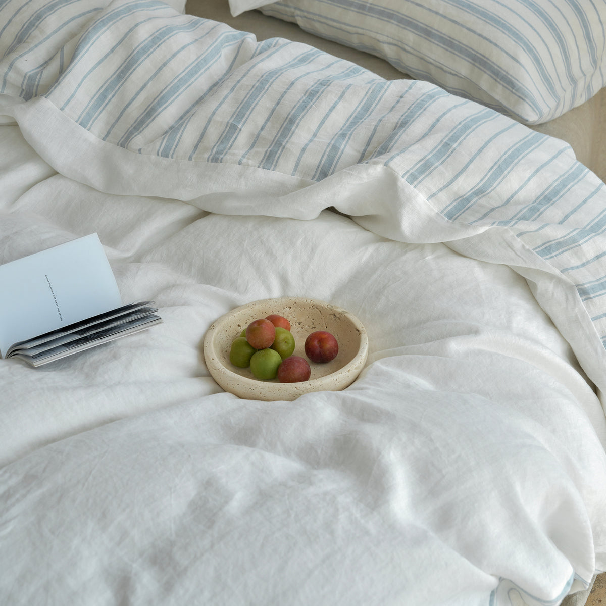 French Flax Linen Reversible Quilt Cover in Antique Blue Stripe/White
