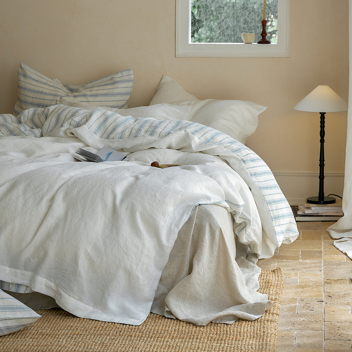 French Flax Linen Reversible Quilt Cover SET in Antique Blue Stripe/White