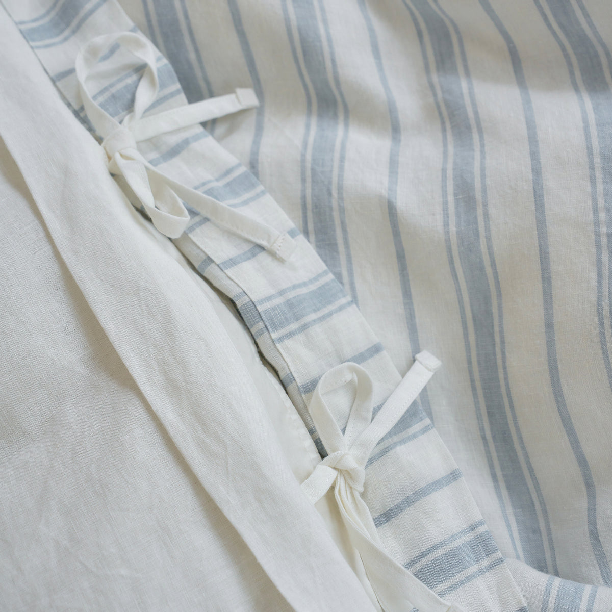 French Flax Linen Reversible Quilt Cover in Antique Blue Stripe/White