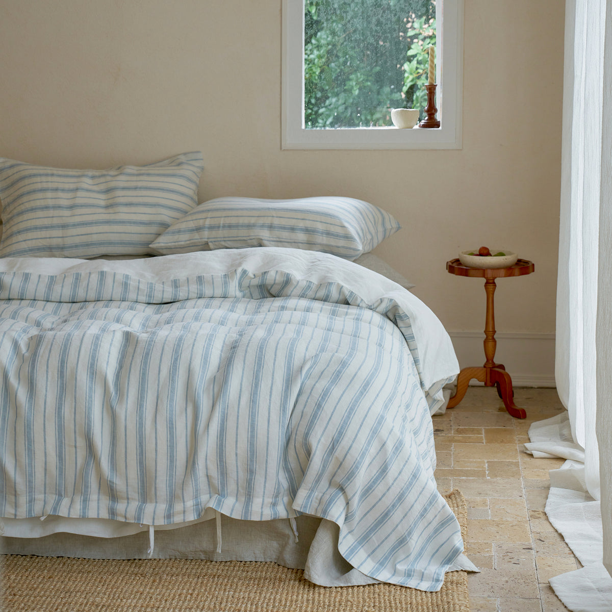 French Flax Linen Reversible Quilt Cover in Antique Blue Stripe/White