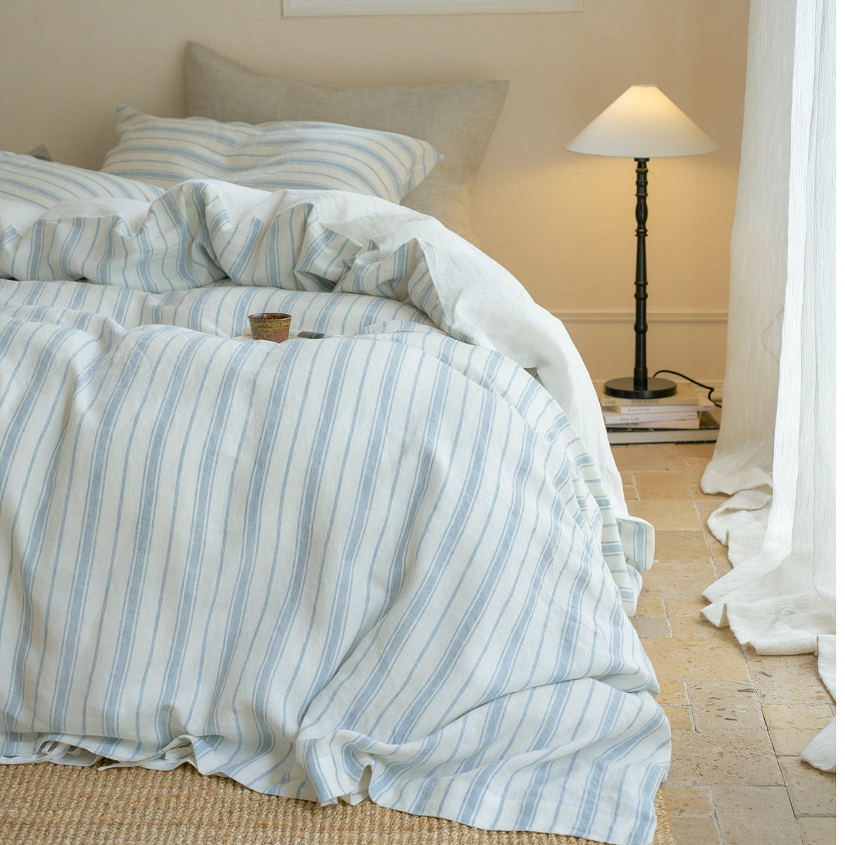 French Flax Linen Reversible Quilt Cover in Antique Blue Stripe/White