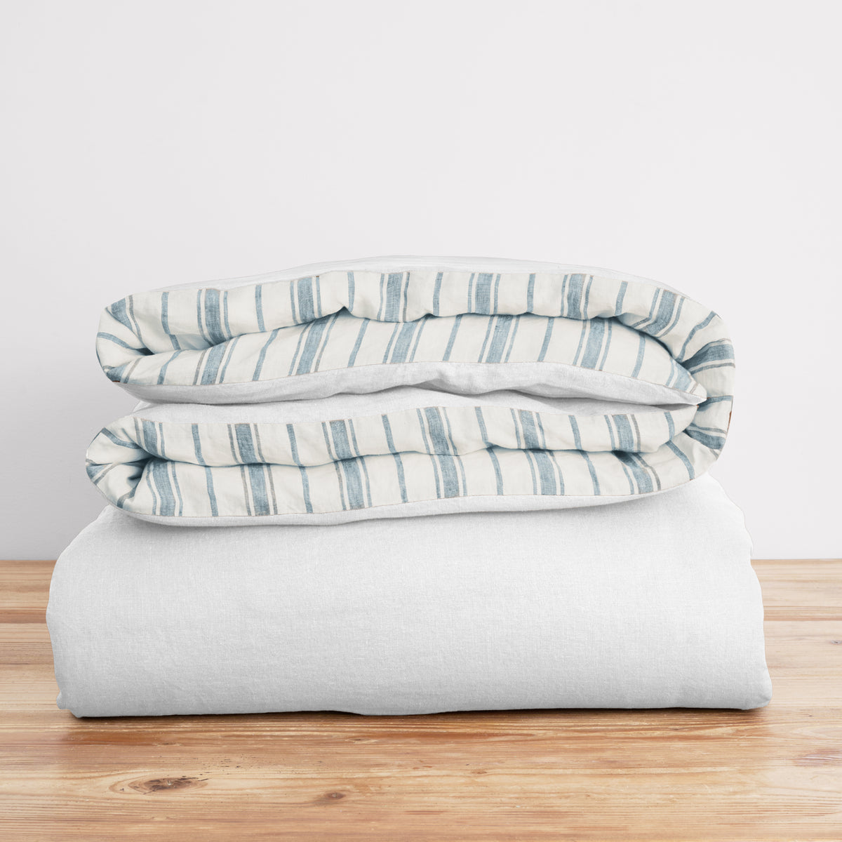 French Flax Linen Reversible Quilt Cover in Antique Blue Stripe/White
