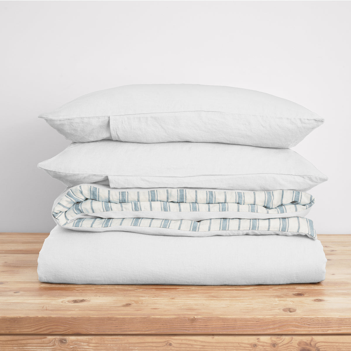 French Flax Linen Reversible Quilt Cover SET in Antique Blue Stripe/White