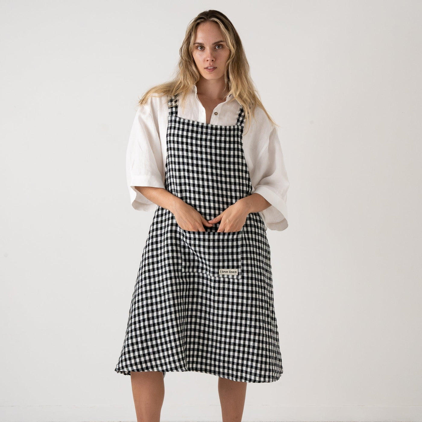 French Flax Linen Apron in Charcoal Gingham