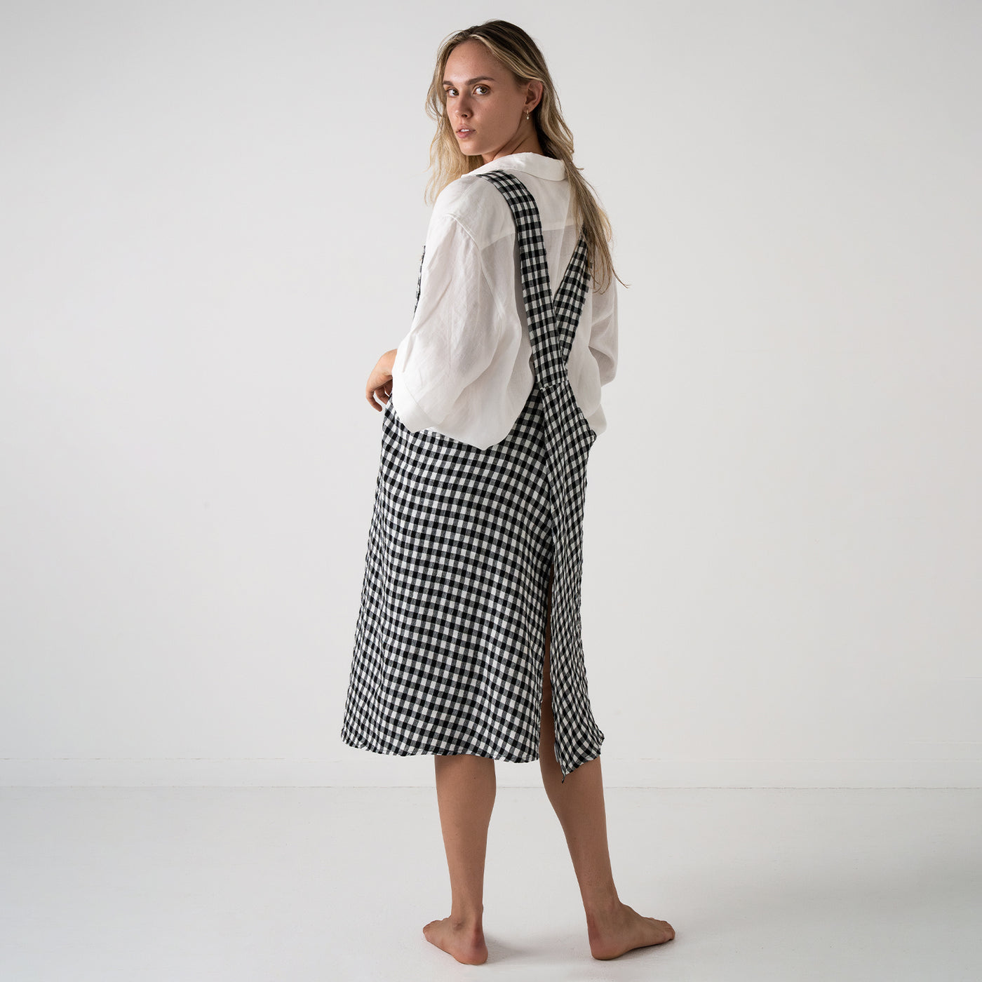 French Flax Linen Apron in Charcoal Gingham