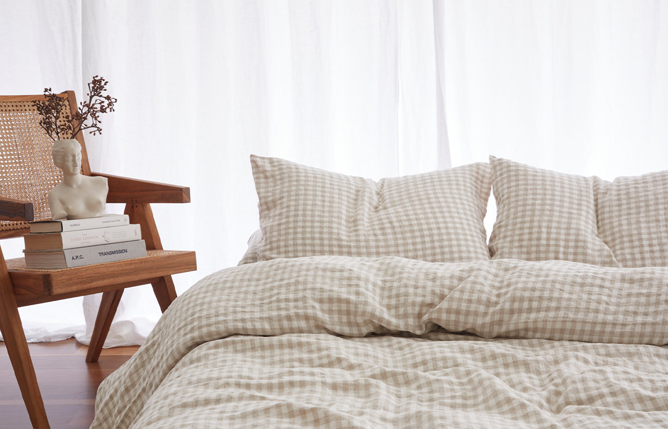 French linen, lookbook, beige gingham, bedding