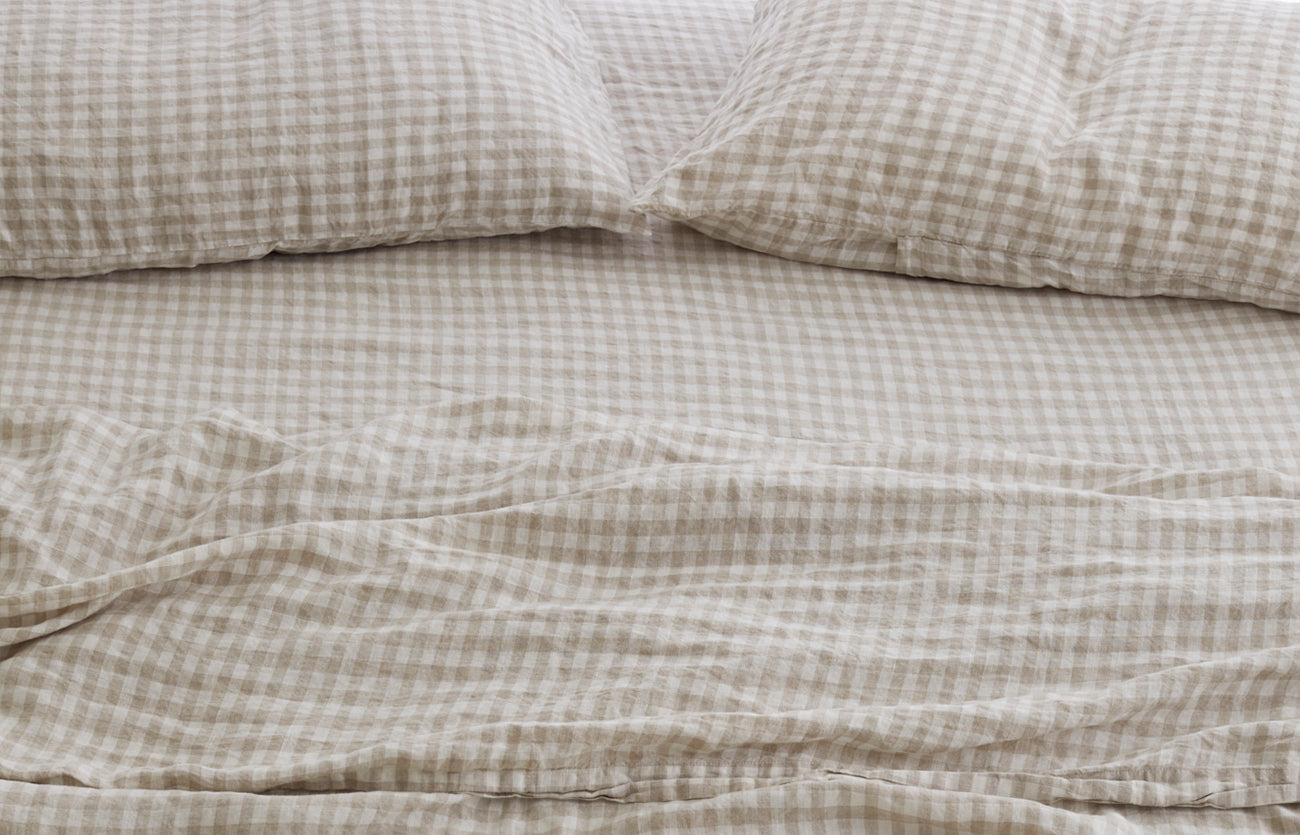 French linen, lookbook, beige gingham, bedding