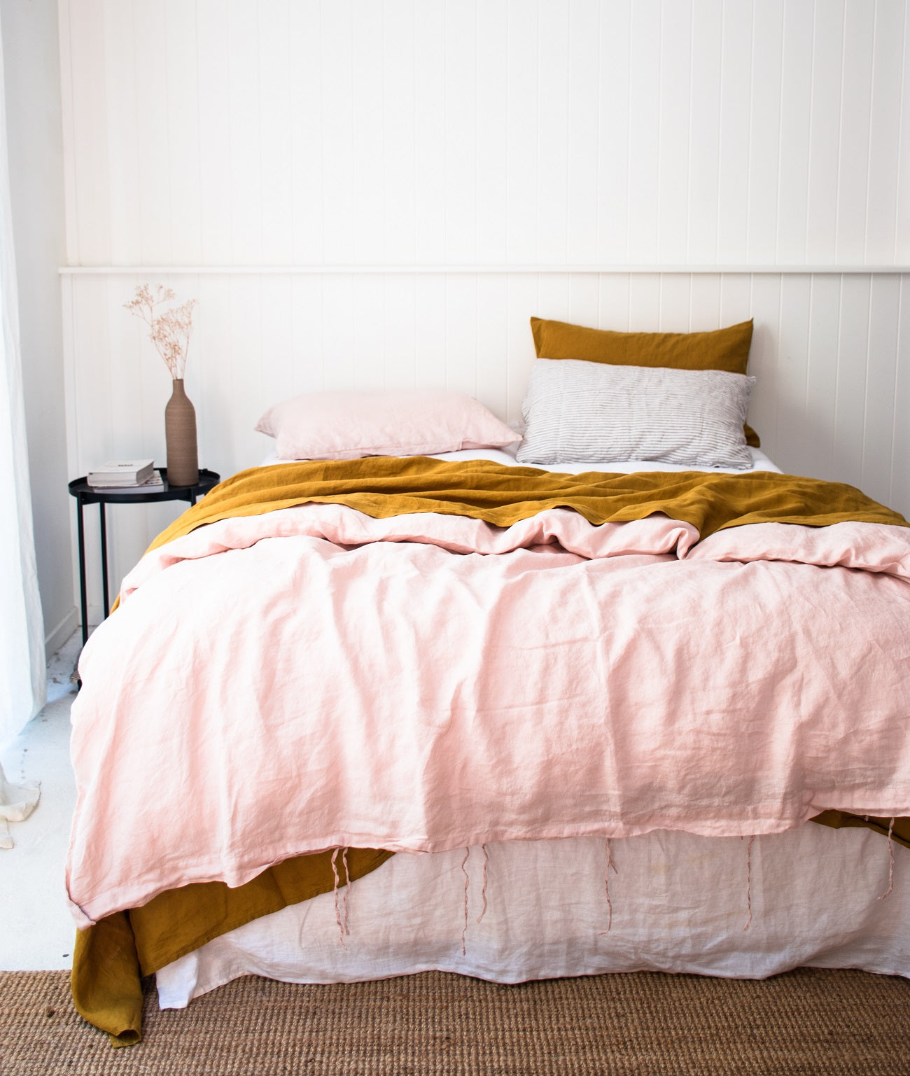 French Flax Linen Sheets in Blush and Mustard