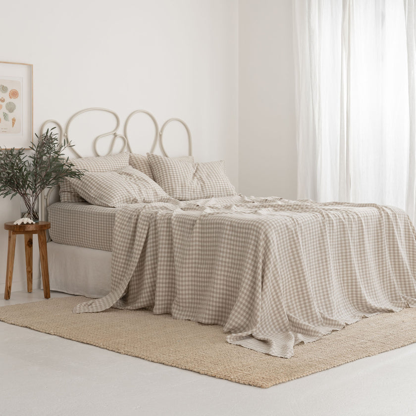 French Flax Linen Sheet Set in Beige Gingham