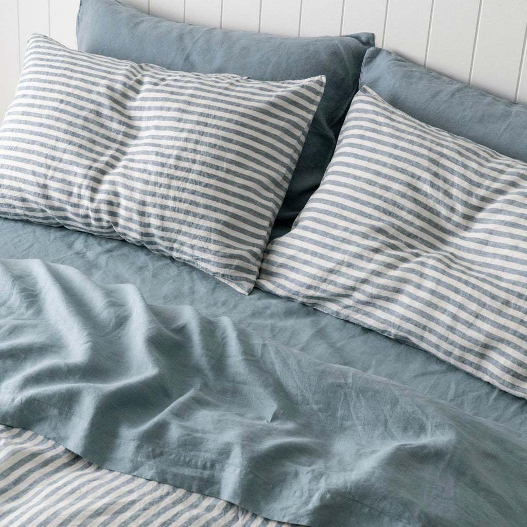 French Flax Linen Pillowcase Set in Marine Blue Stripe