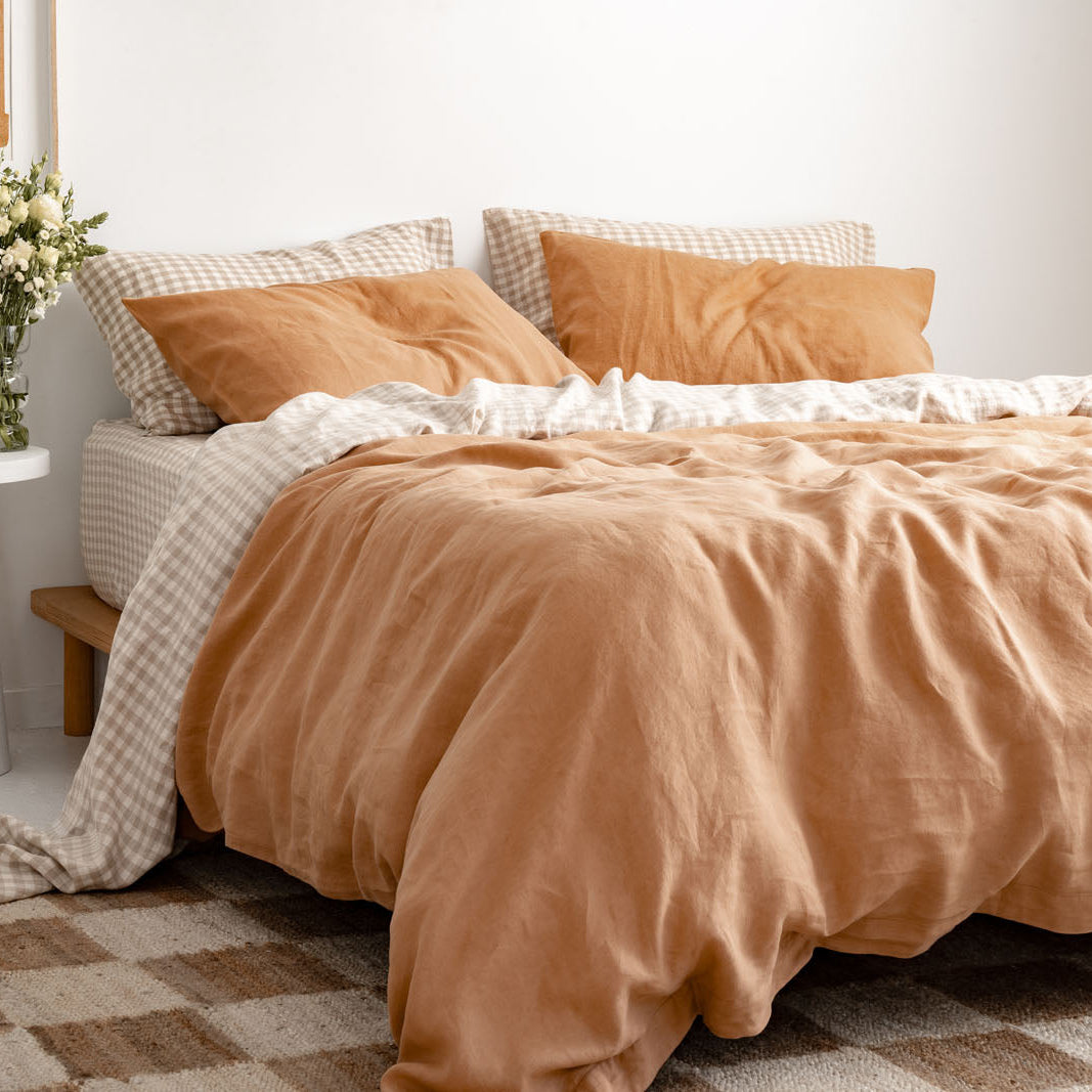 French Flax Linen Flat Sheet in Beige Gingham