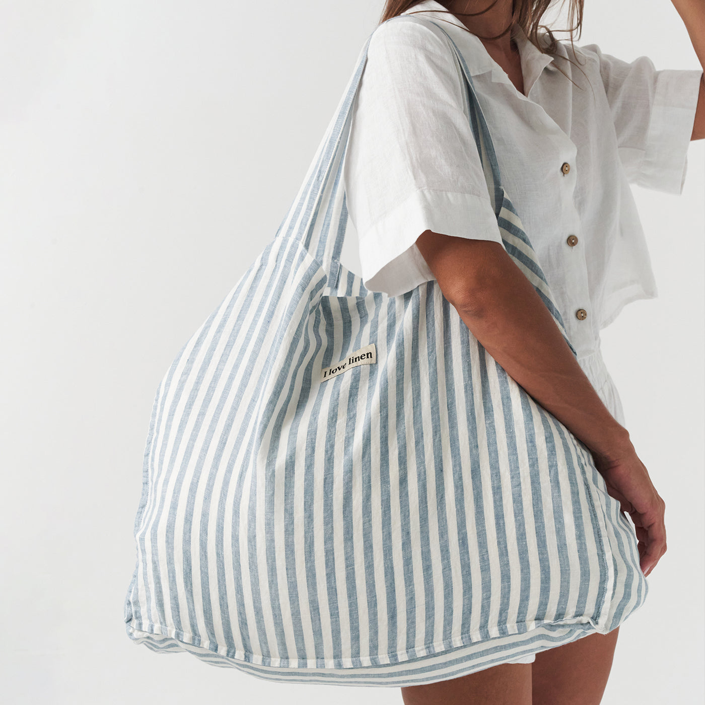 French Flax Linen Carry All Bag in Marine Blue Stripe