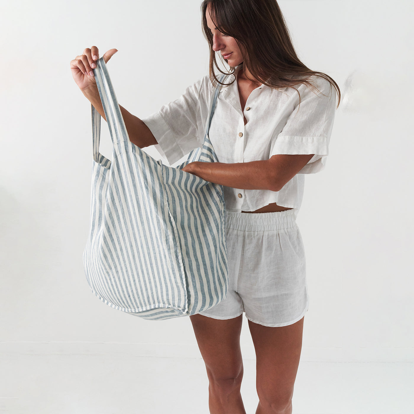 French Flax Linen Carry All Bag in Marine Blue Stripe