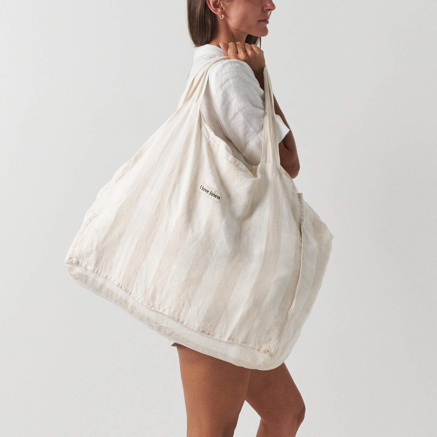 French Flax Linen Carry All Bag in Natural Thick Stripe