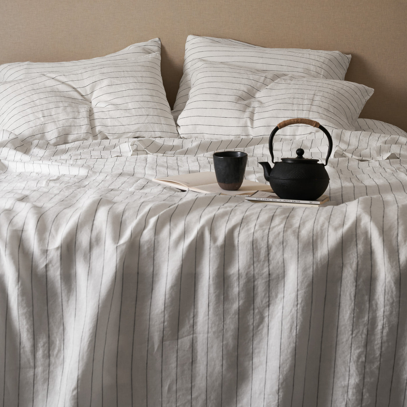 French Flax Linen Flat Sheet in Charcoal Stripe