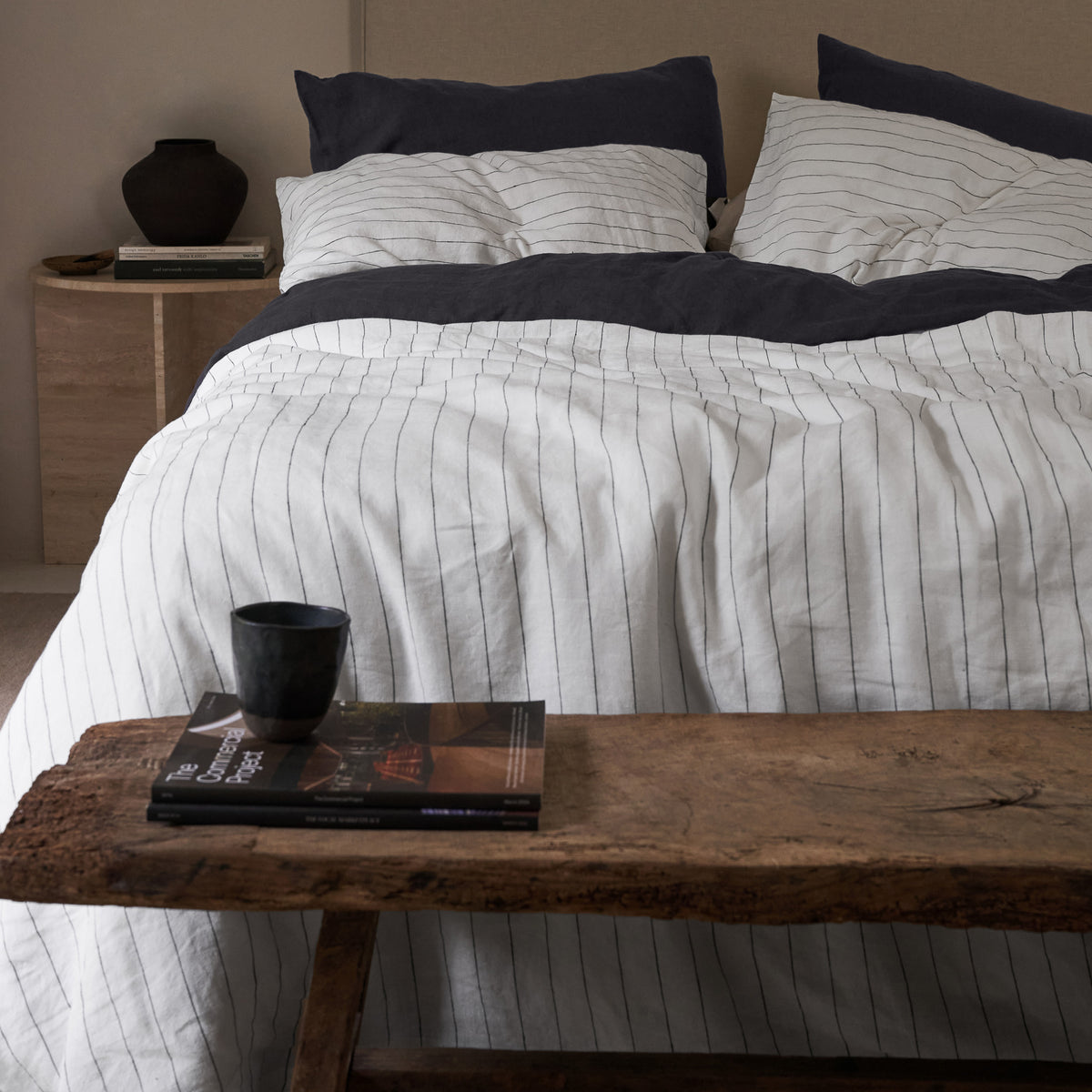 French Flax Linen Double Sided Quilt Cover SET in Charcoal/Charcoal Stripe