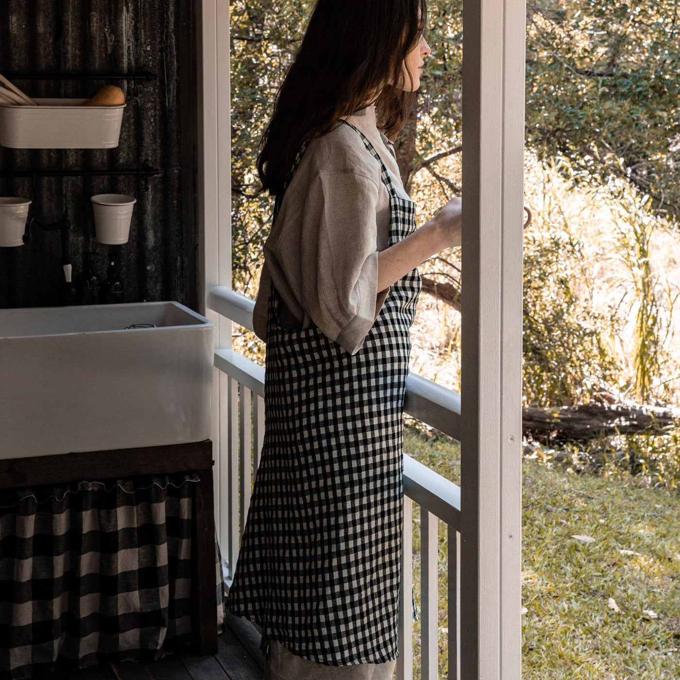 French Flax Linen Apron in Charcoal Gingham