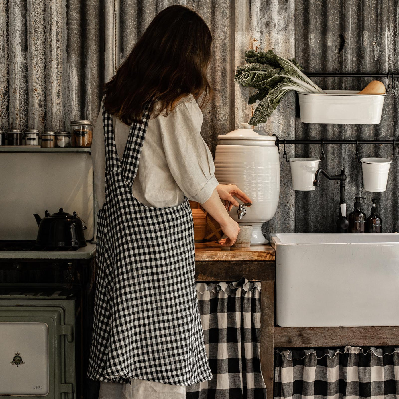 French Flax Linen Apron in Charcoal Gingham