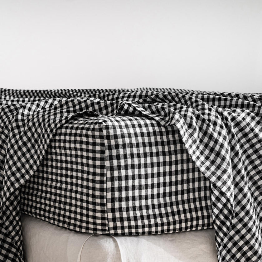 French Flax Linen Fitted Sheet in Charcoal Gingham