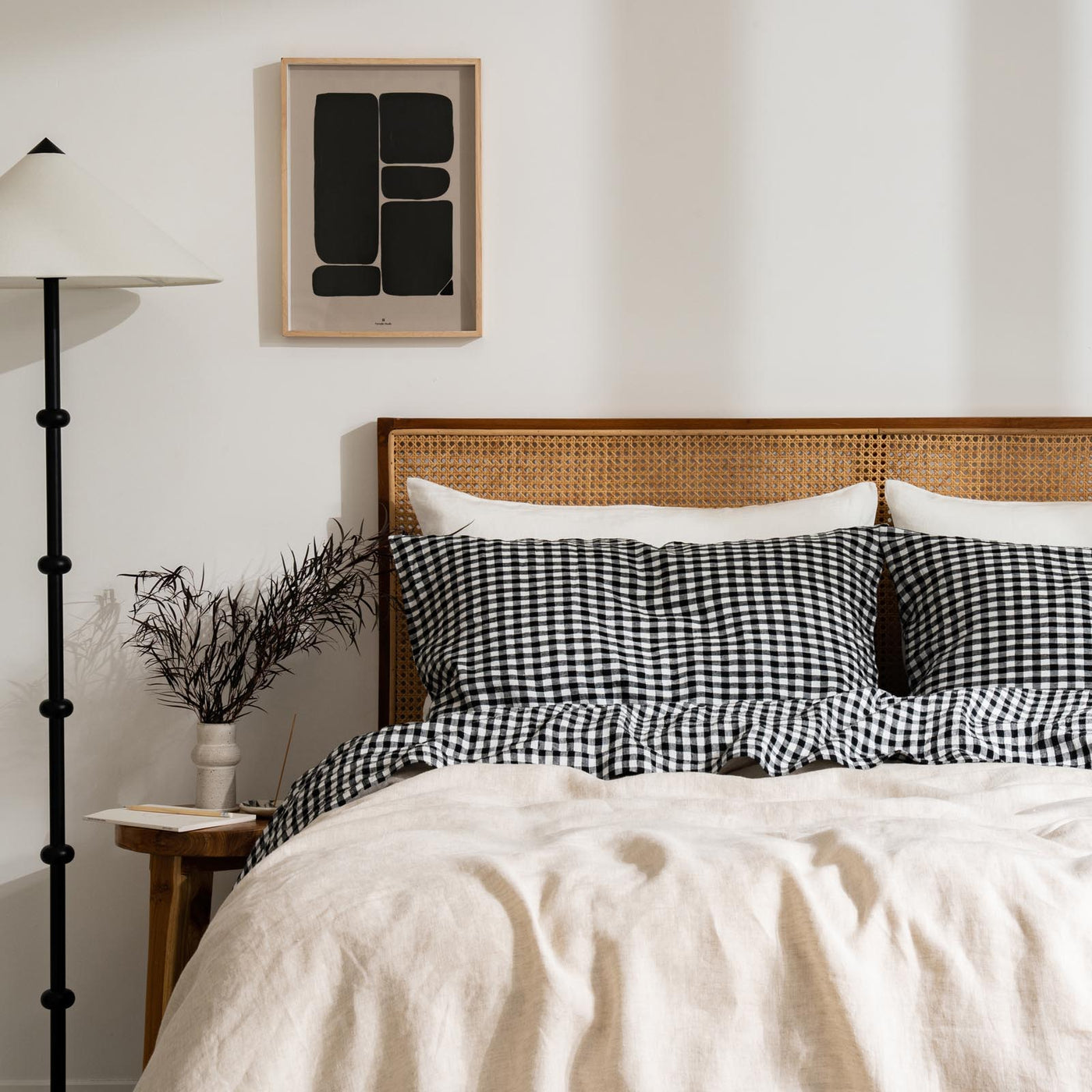 French Flax Linen Pillowcase Set in Charcoal Gingham