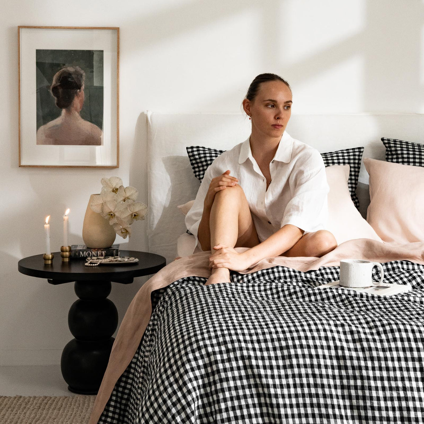 French Flax Linen Quilt Cover in Charcoal Gingham