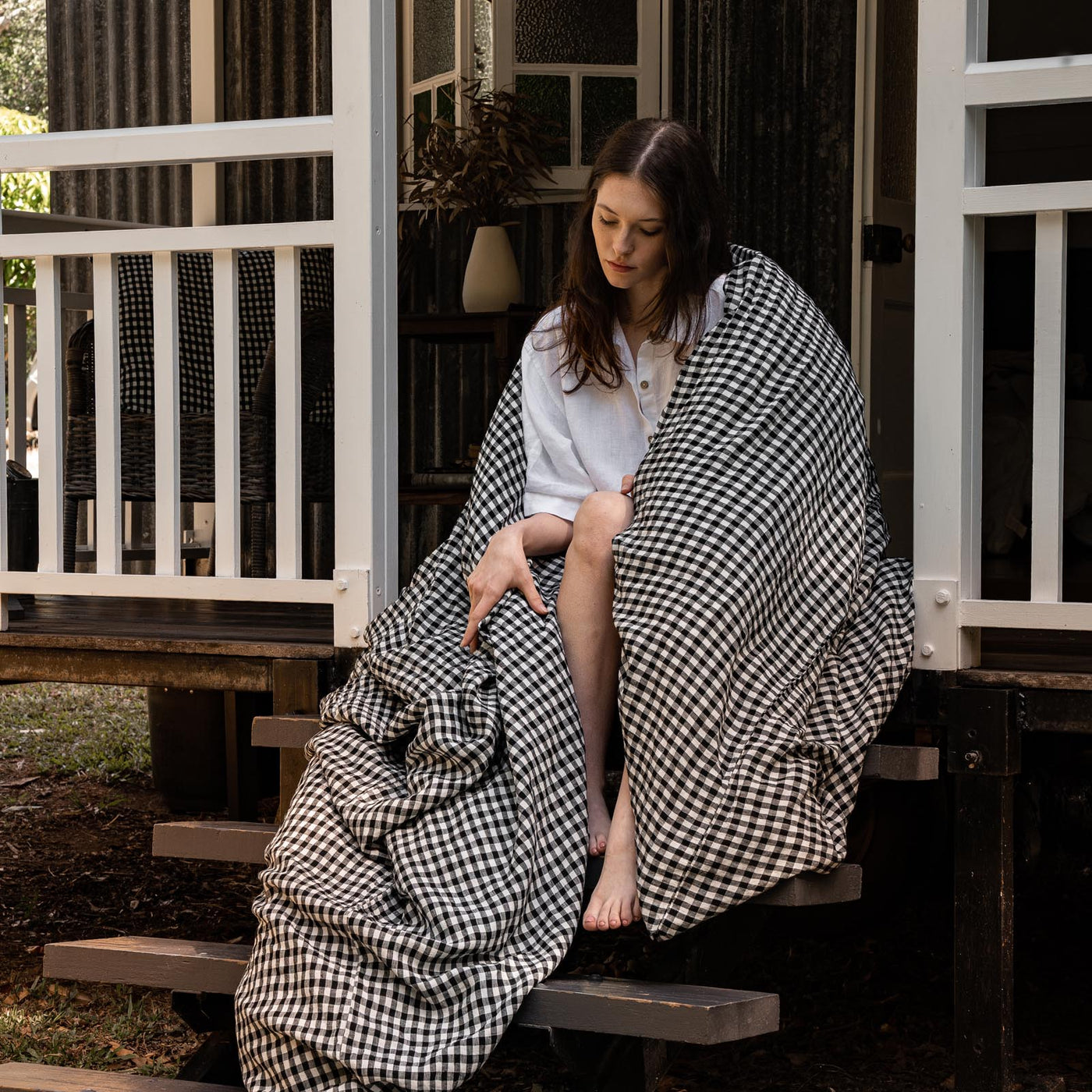 French Flax Linen Quilt Cover Set in Charcoal Gingham