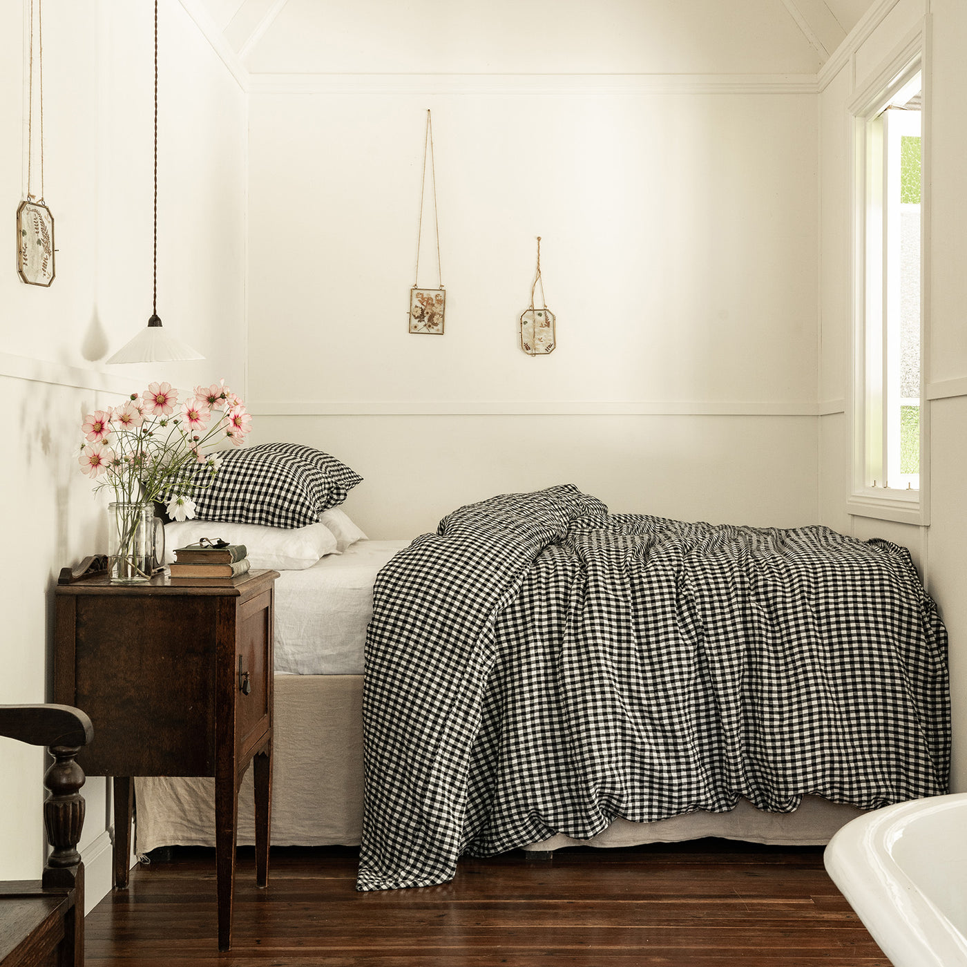 French Flax Linen Quilt Cover in Charcoal Gingham