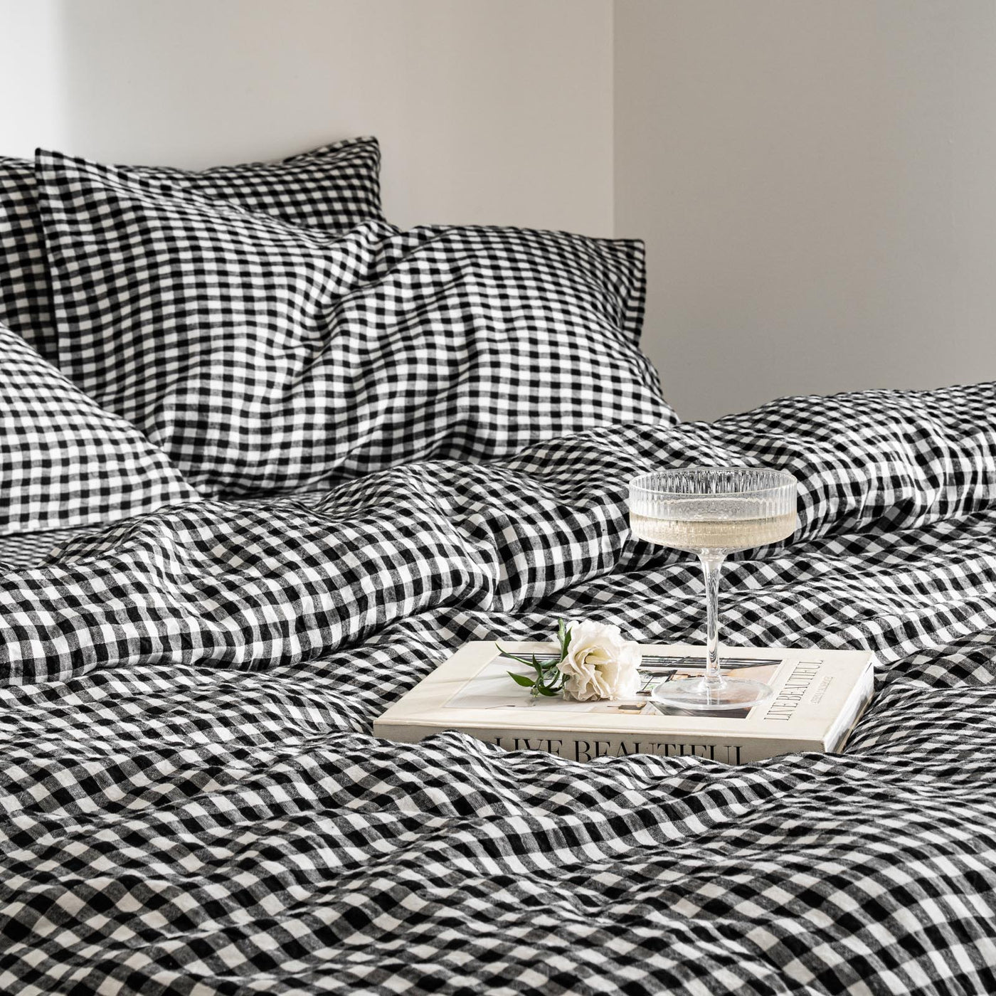 French Flax Linen Quilt Cover Set in Charcoal Gingham