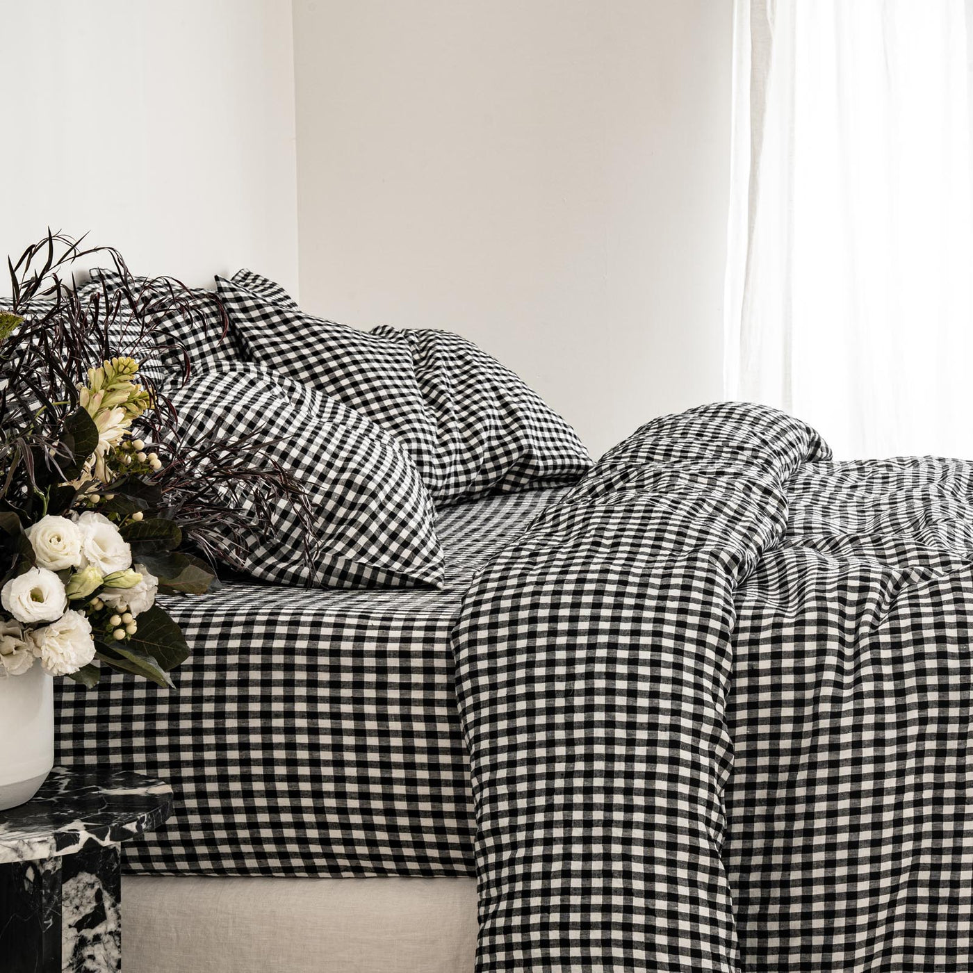 French Flax Linen Quilt Cover Set in Charcoal Gingham