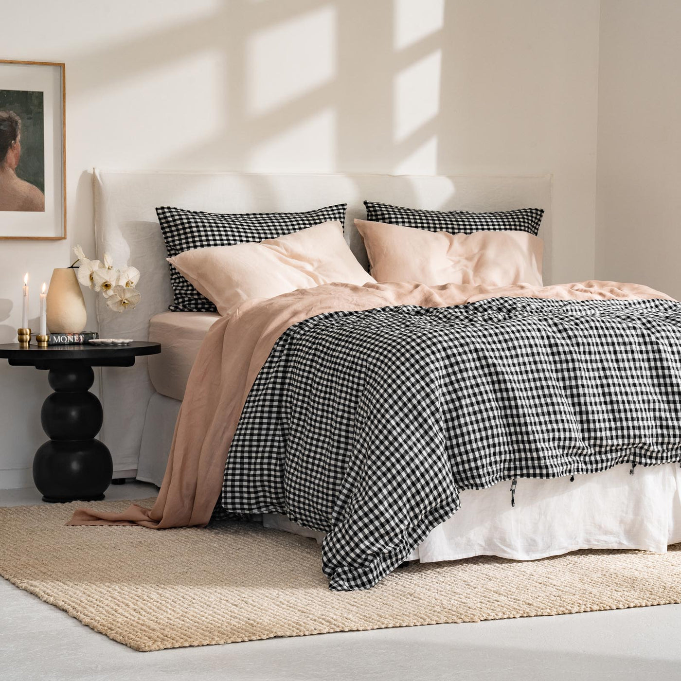 French Flax Linen Quilt Cover in Charcoal Gingham