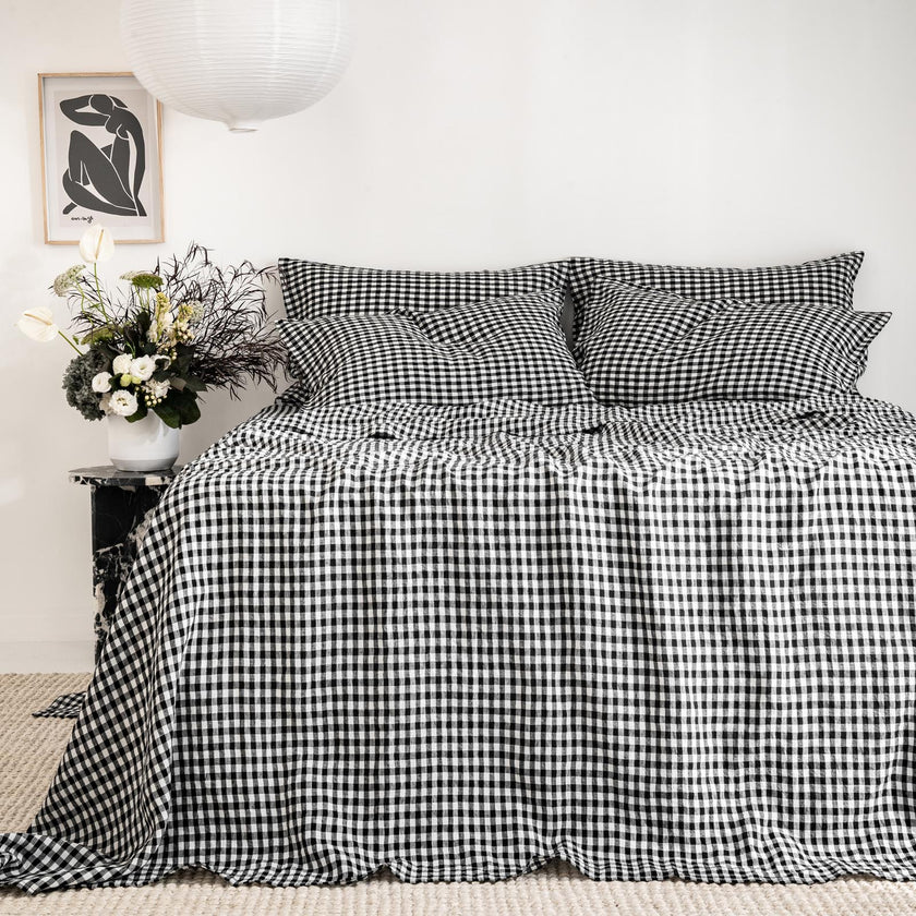 French Flax Linen Sheet Set in Charcoal Gingham