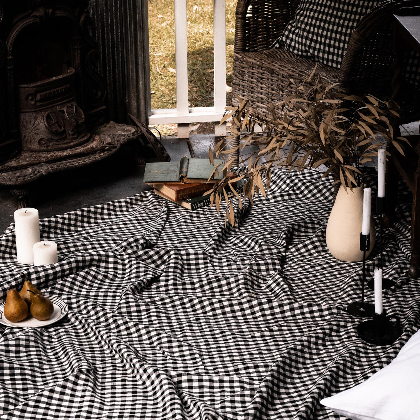 French Flax Linen Table Cloth in Charcoal Gingham