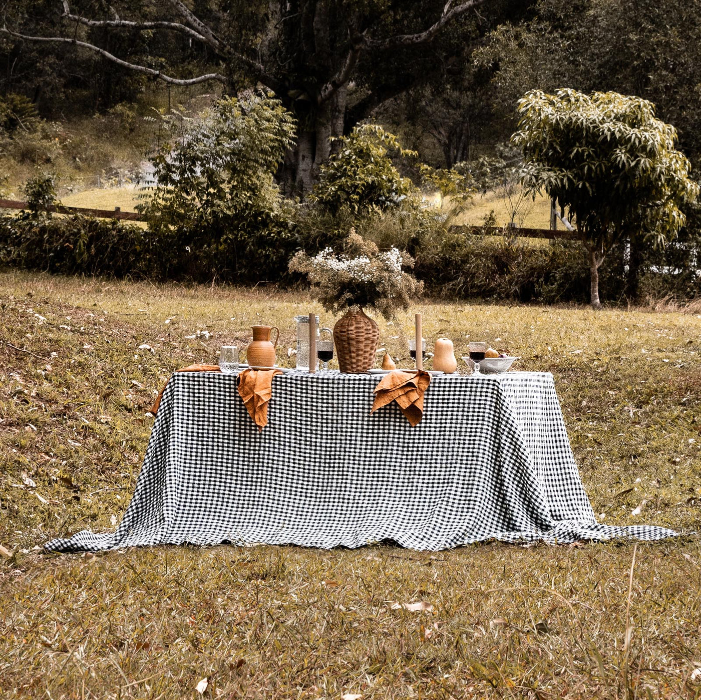 French Flax Linen Table Cloth in Charcoal Gingham